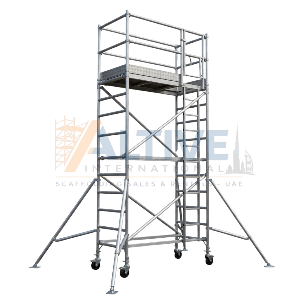 aluminium mobile scaffolding tower with wheels used for quick movement on UAE construction site