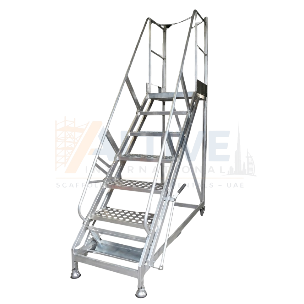 aluminium rolling staircase ladder with wheels used for safe movement and access in UAE