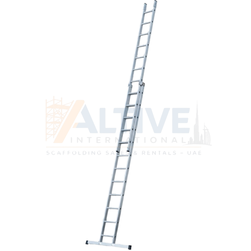 aluminium wall supporting extension ladder leaning securely against wall for height access in UAE