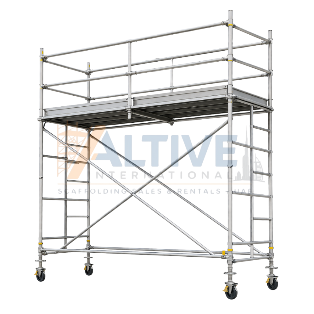 double width aluminium scaffolding providing large working platform for construction projects in UAE
