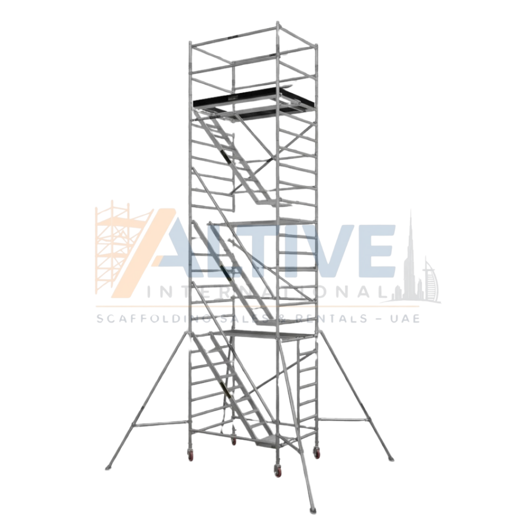 double width staircase aluminium scaffolding allowing safe movement of workers in UAE construction site