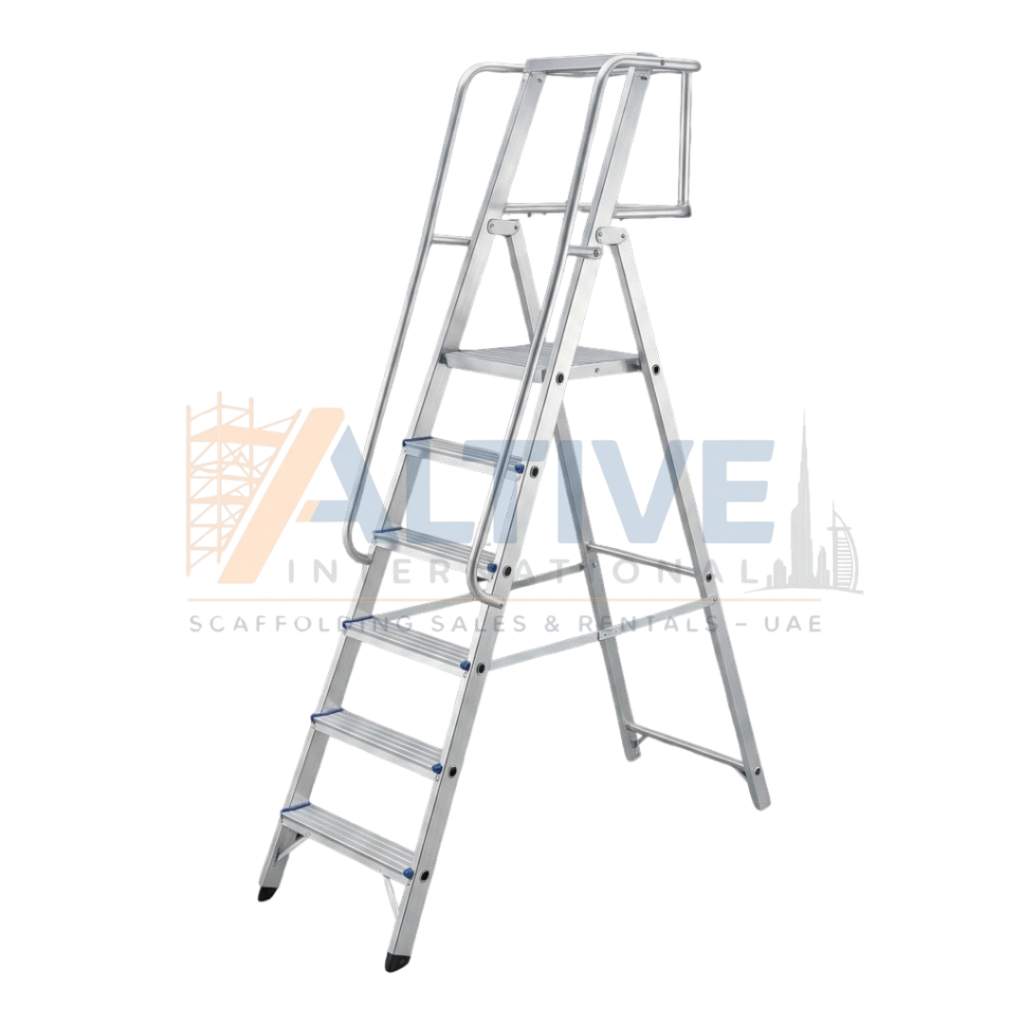 platform aluminium ladder with wide standing platform used for stable work in UAE