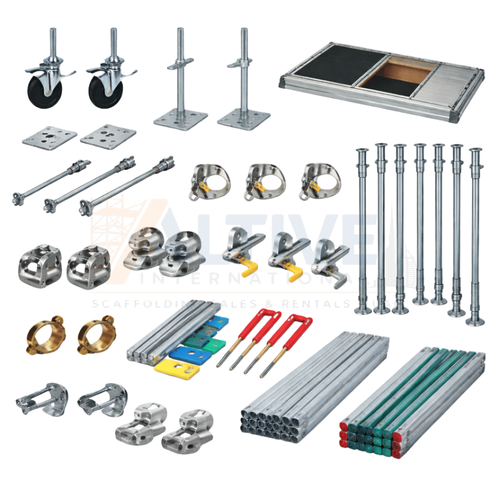 scaffolding accessories including couplers base plates and clamps used in UAE construction