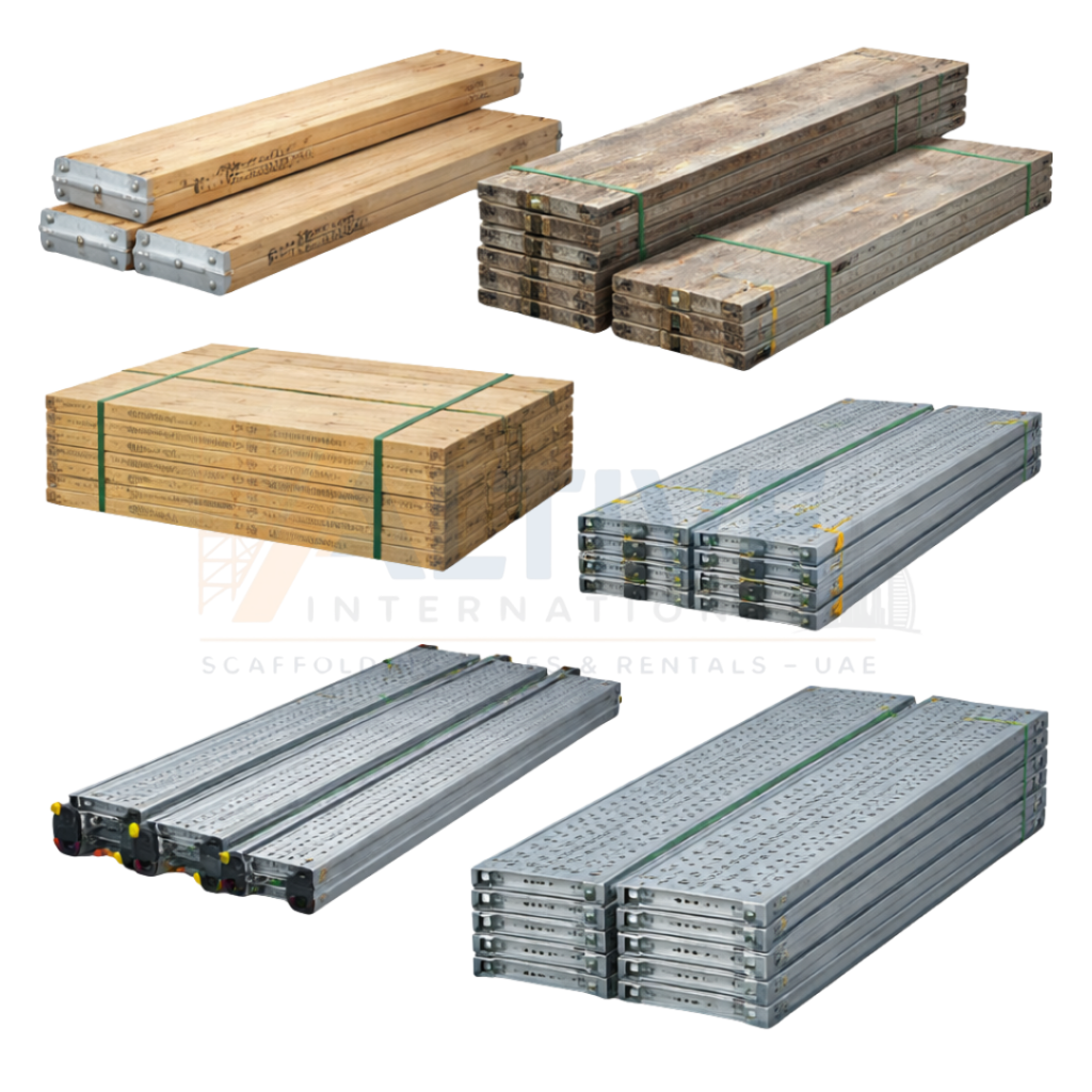 scaffolding wooden boards and steel boards used as working platforms in UAE construction