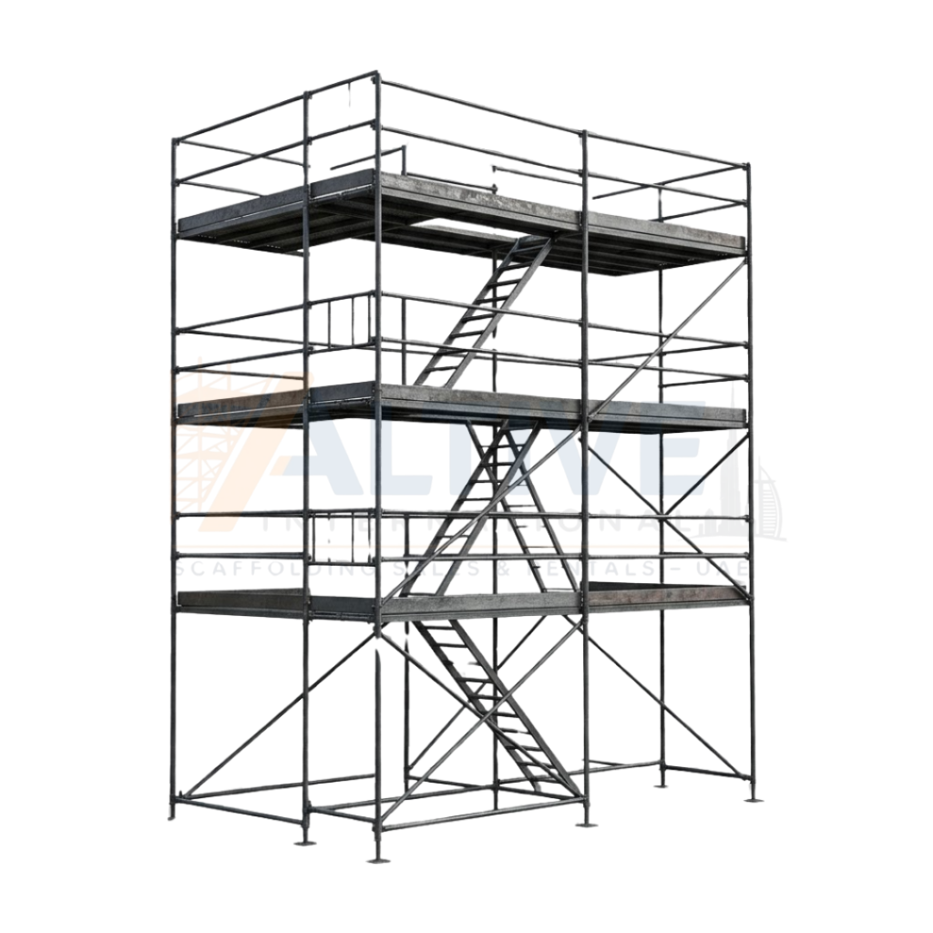 steel scaffolding system with safety standards and guardrails used in UAE construction