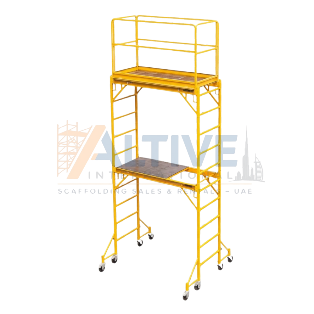 yellow baker tower aluminium scaffolding used for indoor maintenance work in UAE